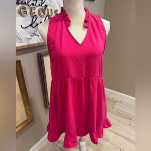 JODIFL Hot Pink Ruffle High Low Silky Dress
